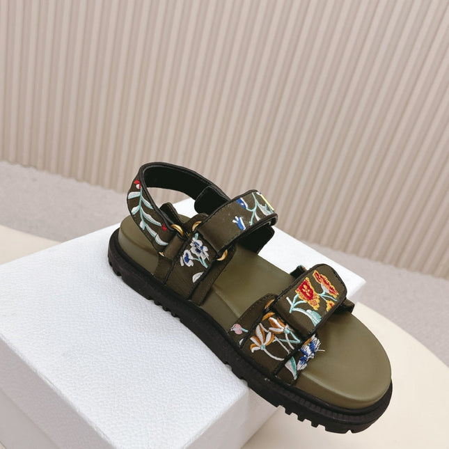 DIOR BACK-STRAP SANDALS 25S IN MOSS GREEN CALFSKIN EMBROIDERED WITH PETITES FLEURS