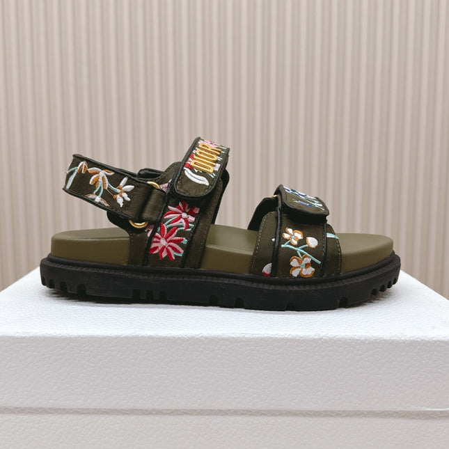 DIOR BACK-STRAP SANDALS 25S IN MOSS GREEN CALFSKIN EMBROIDERED WITH PETITES FLEURS
