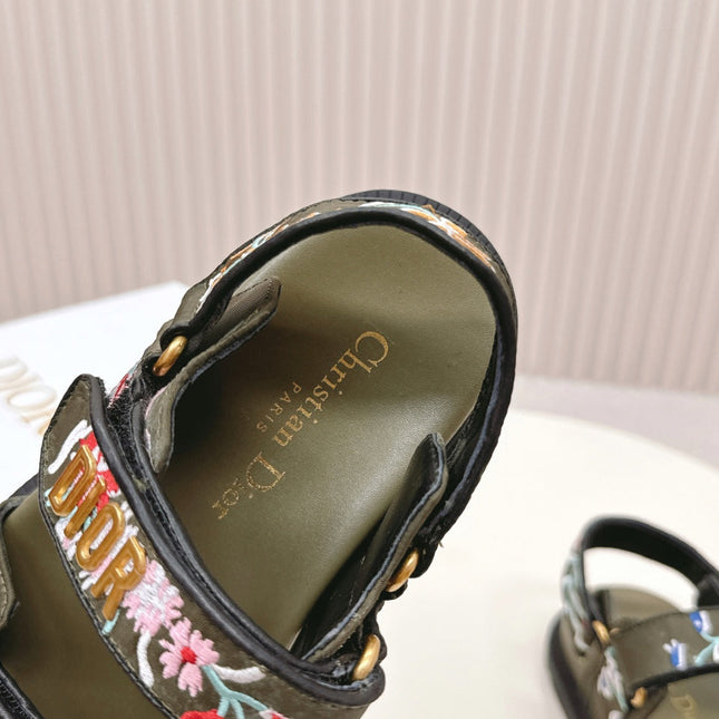 DIOR BACK-STRAP SANDALS 25S IN MOSS GREEN CALFSKIN EMBROIDERED WITH PETITES FLEURS