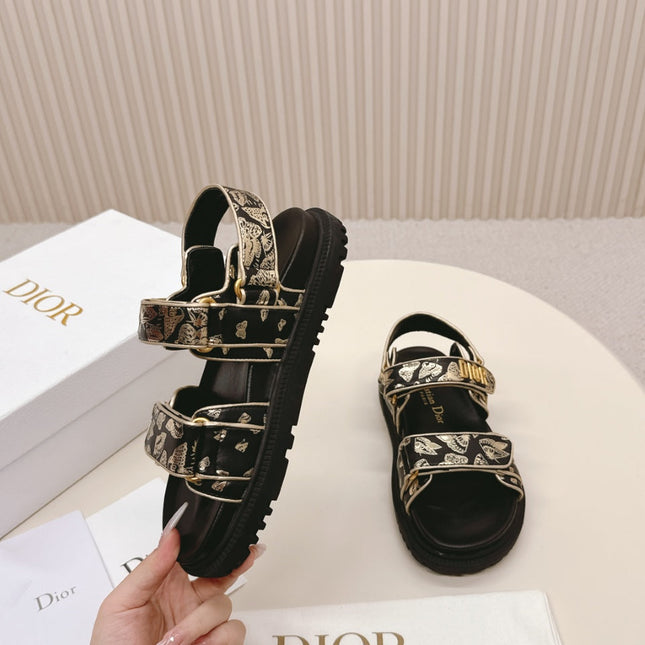 DIOR BACK-STRAP SANDALS 25S IN BLACK AND GOLD CALFSKIN WITH BUTTERFLY MOTIF