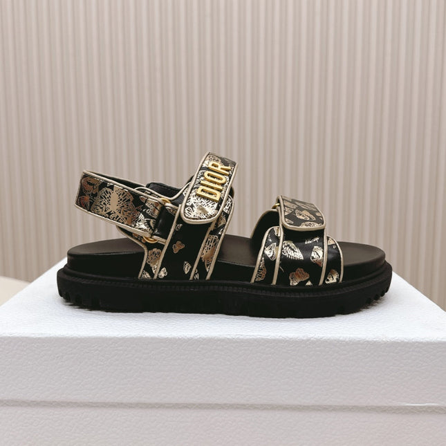 DIOR BACK-STRAP SANDALS 25S IN BLACK AND GOLD CALFSKIN WITH BUTTERFLY MOTIF