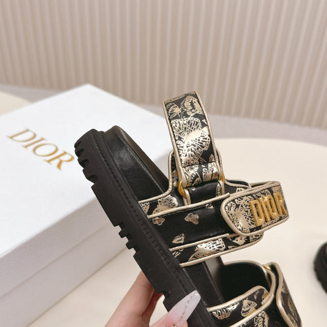 DIOR BACK-STRAP SANDALS 25S IN BLACK AND GOLD CALFSKIN WITH BUTTERFLY MOTIF