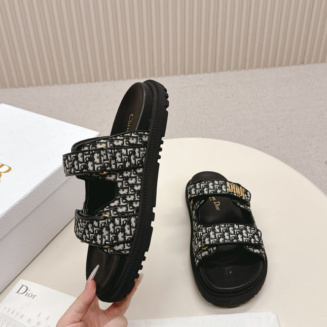 DIOR CLASSIC DOUBLE-STRAP SLIDES 25S IN BLACK FABRIC AND CALFSKIN