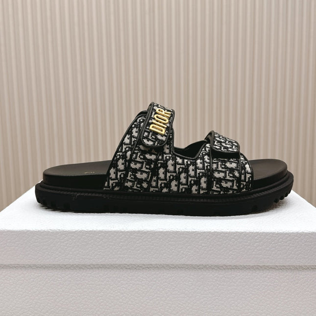 DIOR CLASSIC DOUBLE-STRAP SLIDES 25S IN BLACK FABRIC AND CALFSKIN