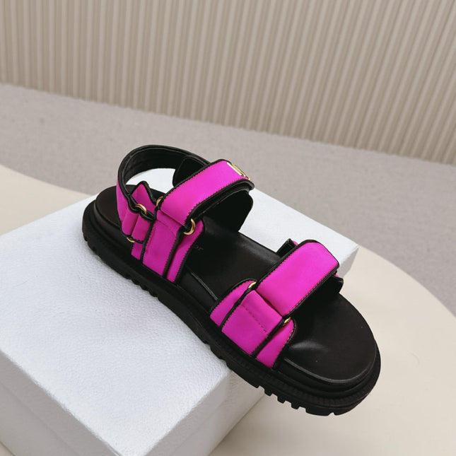 DIOR BACK-STRAP SANDALS 25S IN DARK PINK FABRIC AND BLACK CALFSKIN WITH GOLD HARDWARE