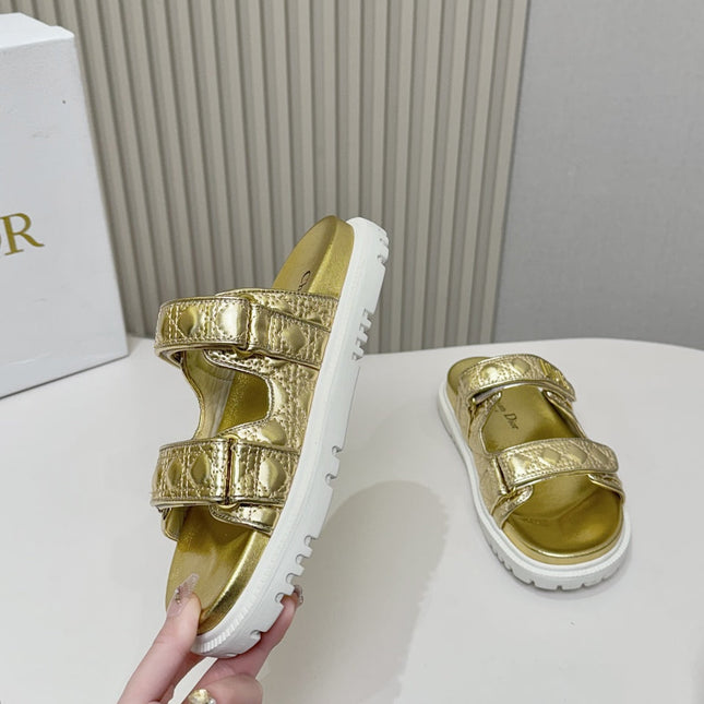 DIOR CLASSIC DOUBLE-STRAP SLIDES 25S IN GOLD CALFSKIN