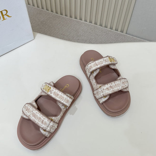 DIOR CLASSIC DOUBLE-STRAP SLIDES 25S IN ROSE BROWN TWEED AND CALFSKIN