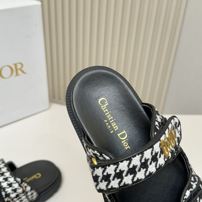 DIOR CLASSIC DOUBLE-STRAP SLIDES 25S IN WHITE MIX BLACK TWEED AND CALFSKIN