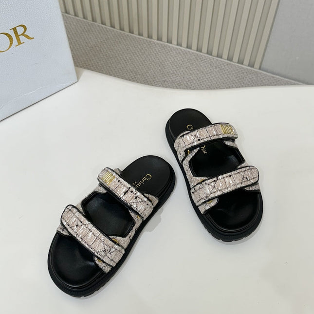 DIOR CLASSIC DOUBLE-STRAP SLIDES 25S IN SOFT ROSE BEIGE TWEED AND BLACK CALFSKIN