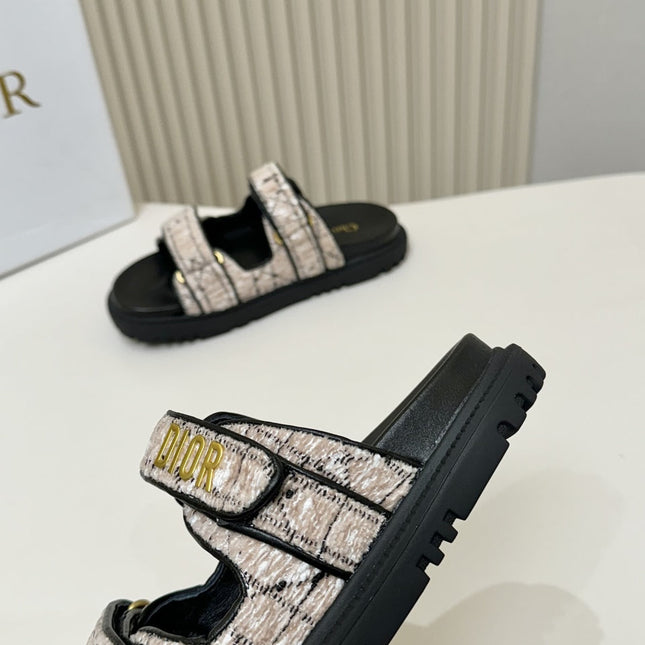DIOR CLASSIC DOUBLE-STRAP SLIDES 25S IN SOFT ROSE BEIGE TWEED AND BLACK CALFSKIN