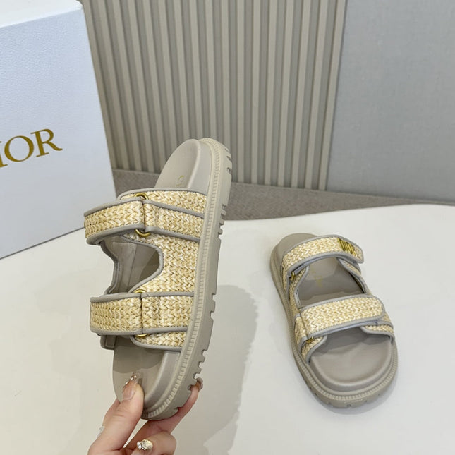 DIOR CLASSIC DOUBLE-STRAP SLIDES 25S IN BEIGE RAFFIA AND GREY CALFSKIN