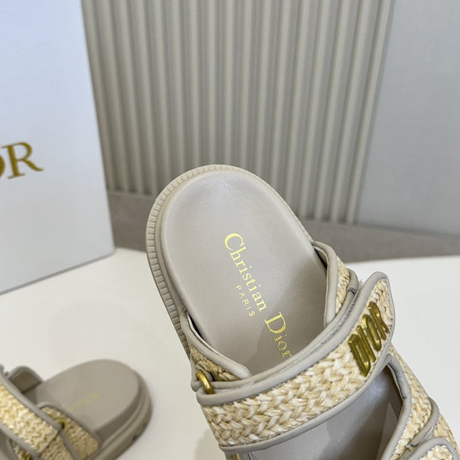 DIOR CLASSIC DOUBLE-STRAP SLIDES 25S IN BEIGE RAFFIA AND GREY CALFSKIN