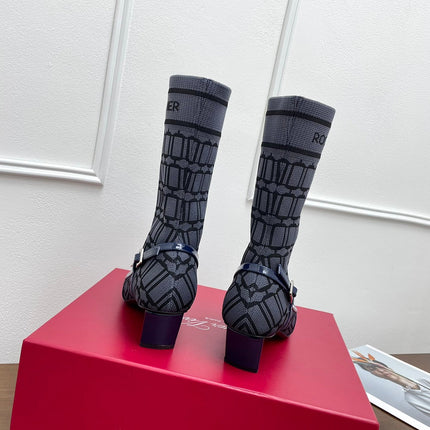 BELLE VIVIER SOCK LACQUERED BUCKLE ANKLE BOOTS IN NAVY BLUE CALFSKIN AND TECHNICAL FABRIC