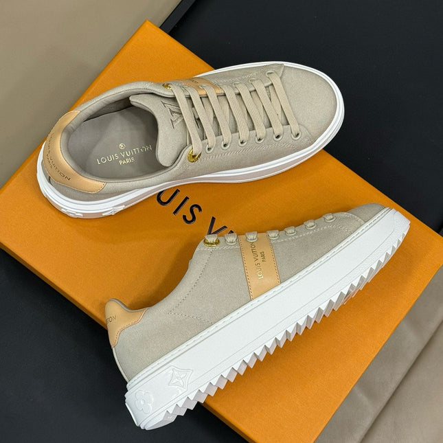 LV TIME OUT SNEAKER IN PASTEL GRAY MIX MACAROON GOLD CANVAS