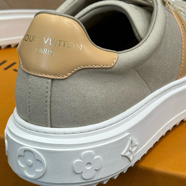 LV TIME OUT SNEAKER IN PASTEL GRAY MIX MACAROON GOLD CANVAS