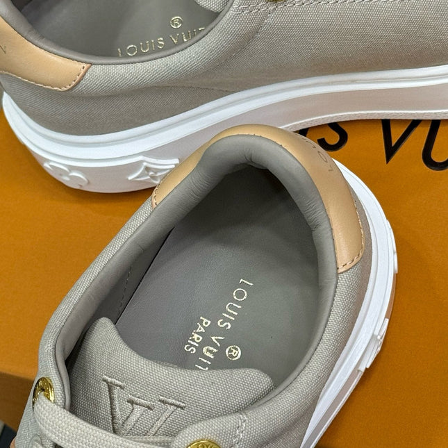 LV TIME OUT SNEAKER IN PASTEL GRAY MIX MACAROON GOLD CANVAS