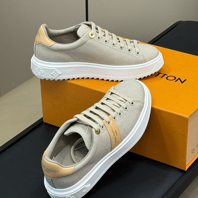 LV TIME OUT SNEAKER IN PASTEL GRAY MIX MACAROON GOLD CANVAS