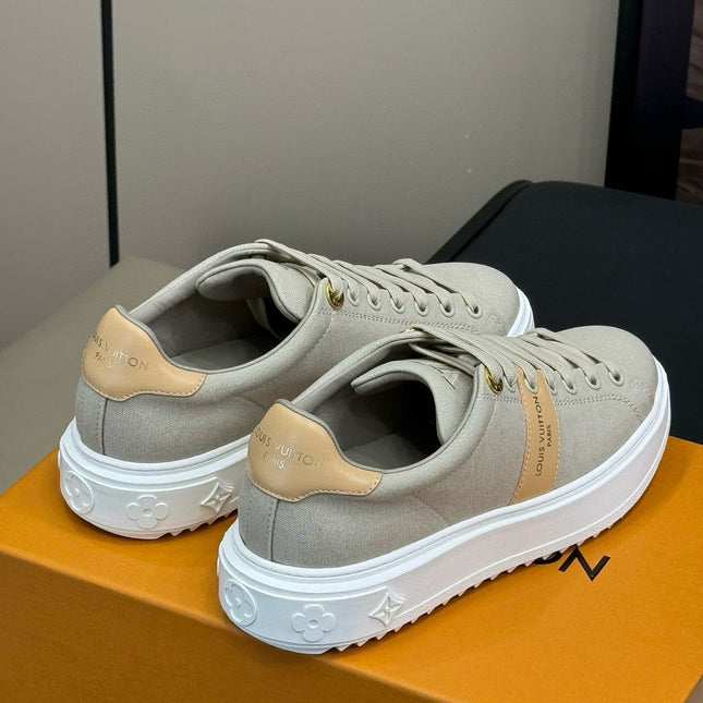 LV TIME OUT SNEAKER IN PASTEL GRAY MIX MACAROON GOLD CANVAS