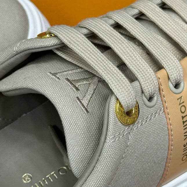 LV TIME OUT SNEAKER IN PASTEL GRAY MIX MACAROON GOLD CANVAS