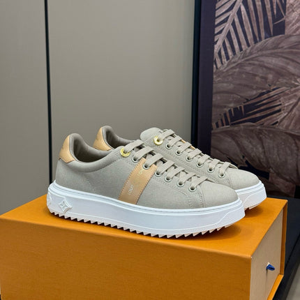 LV TIME OUT SNEAKER IN PASTEL GRAY MIX MACAROON GOLD CANVAS