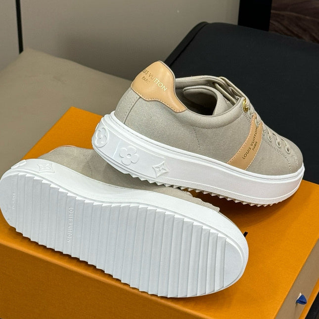 LV TIME OUT SNEAKER IN PASTEL GRAY MIX MACAROON GOLD CANVAS