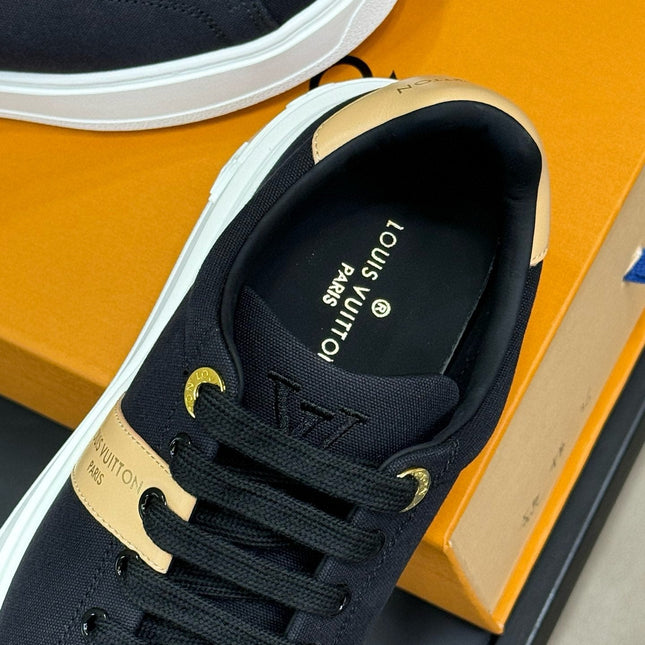 LV TIME OUT SNEAKER IN BLACK MIX MACAROON GOLD CANVAS