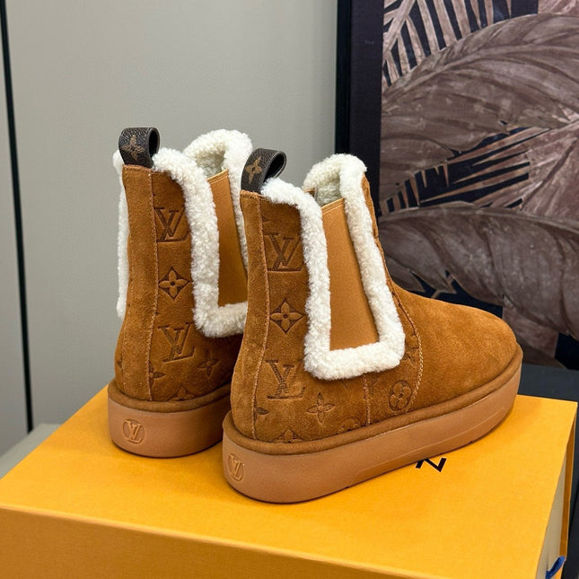 ASPEN CHELSEA ANKLE BOOTS IN BRONZE BROWN MONOGRAM-DEBOSSED SUEDE