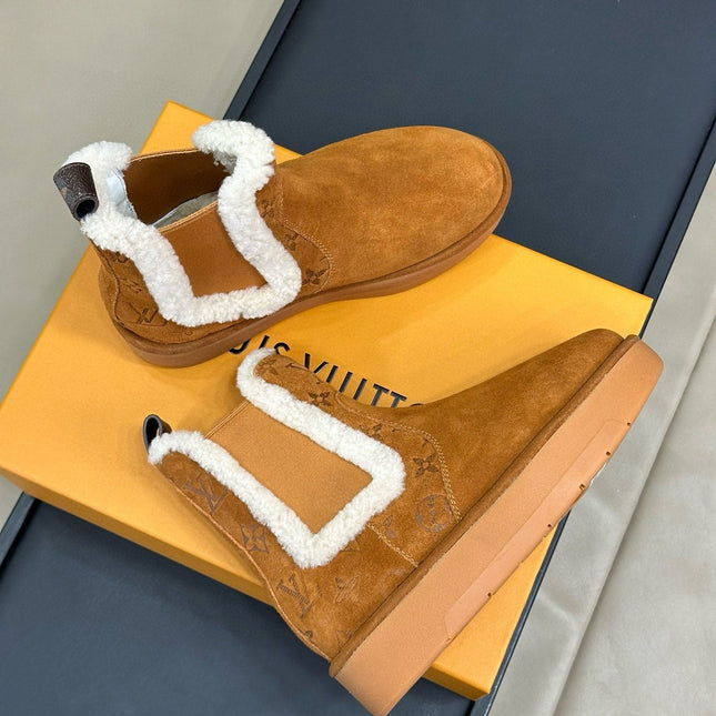 ASPEN CHELSEA ANKLE BOOTS IN BRONZE BROWN MONOGRAM-DEBOSSED SUEDE