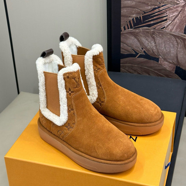 ASPEN CHELSEA ANKLE BOOTS IN BRONZE BROWN MONOGRAM-DEBOSSED SUEDE