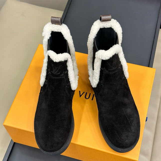 ASPEN CHELSEA ANKLE BOOTS IN BLACK MONOGRAM-DEBOSSED SUEDE