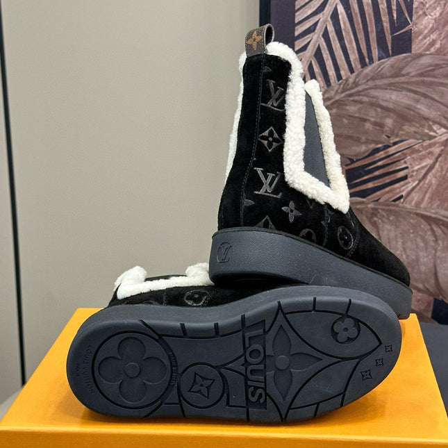 ASPEN CHELSEA ANKLE BOOTS IN BLACK MONOGRAM-DEBOSSED SUEDE