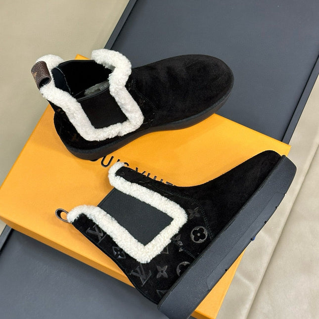 ASPEN CHELSEA ANKLE BOOTS IN BLACK MONOGRAM-DEBOSSED SUEDE