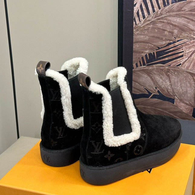 ASPEN CHELSEA ANKLE BOOTS IN BLACK MONOGRAM-DEBOSSED SUEDE