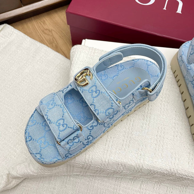 GG CLASSIC SANDALS 25S IN SKY BLUE FABRIC WITH GOLD HARDWARE