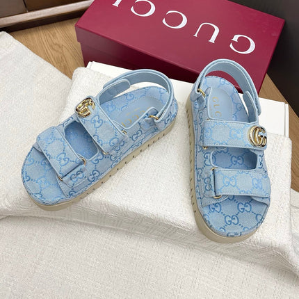 GG CLASSIC SANDALS 25S IN SKY BLUE FABRIC WITH GOLD HARDWARE