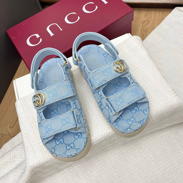 GG CLASSIC SANDALS 25S IN SKY BLUE FABRIC WITH GOLD HARDWARE