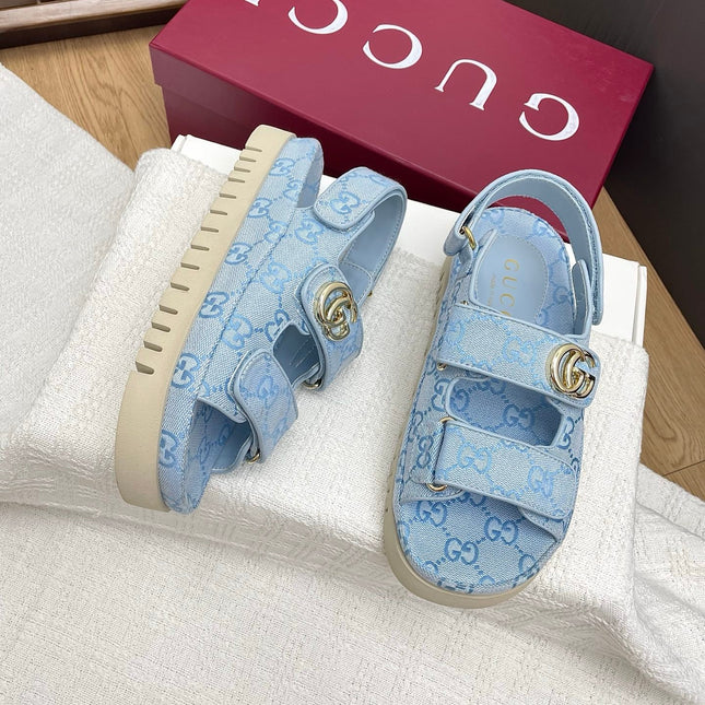 GG CLASSIC SANDALS 25S IN SKY BLUE FABRIC WITH GOLD HARDWARE