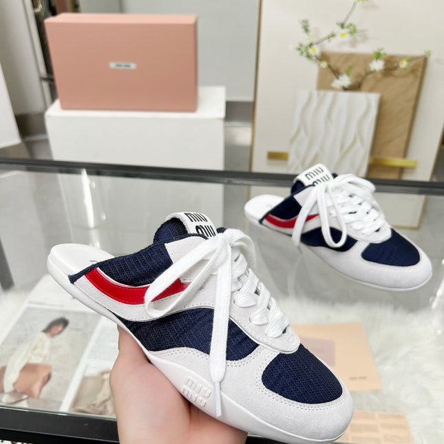 GYMNASIUM SNEAKERS MULES IN OFF WHITE SUEDE AND NAVY BLUE TECHNICAL FABRIC