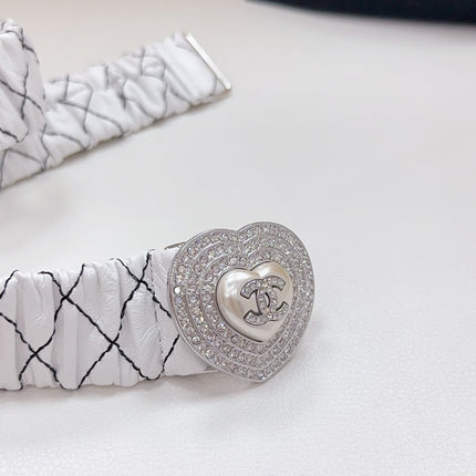 CC ELASTIC 30 MM BELT HEART BUCKLE IN WHITE EMBROIDERED CALFSKIN GOLD HARDWARE ATTACH RHINSTONES