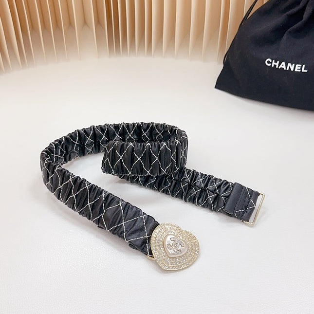 CC ELASTIC 30 MM BELT HEART BUCKLE IN BLACK EMBROIDERED CALFSKIN GOLD HARDWARE ATTACH RHINSTONES