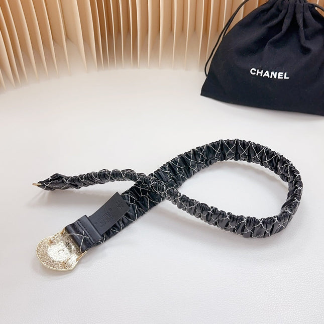 CC ELASTIC 30 MM BELT HEART BUCKLE IN BLACK EMBROIDERED CALFSKIN GOLD HARDWARE ATTACH RHINSTONES