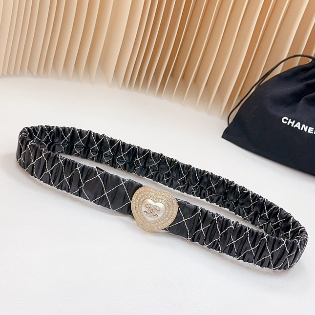 CC ELASTIC 30 MM BELT HEART BUCKLE IN BLACK EMBROIDERED CALFSKIN GOLD HARDWARE ATTACH RHINSTONES