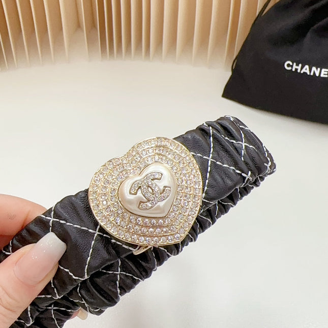 CC ELASTIC 30 MM BELT HEART BUCKLE IN BLACK EMBROIDERED CALFSKIN GOLD HARDWARE ATTACH RHINSTONES