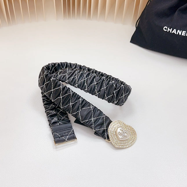 CC ELASTIC 30 MM BELT HEART BUCKLE IN BLACK EMBROIDERED CALFSKIN GOLD HARDWARE ATTACH RHINSTONES