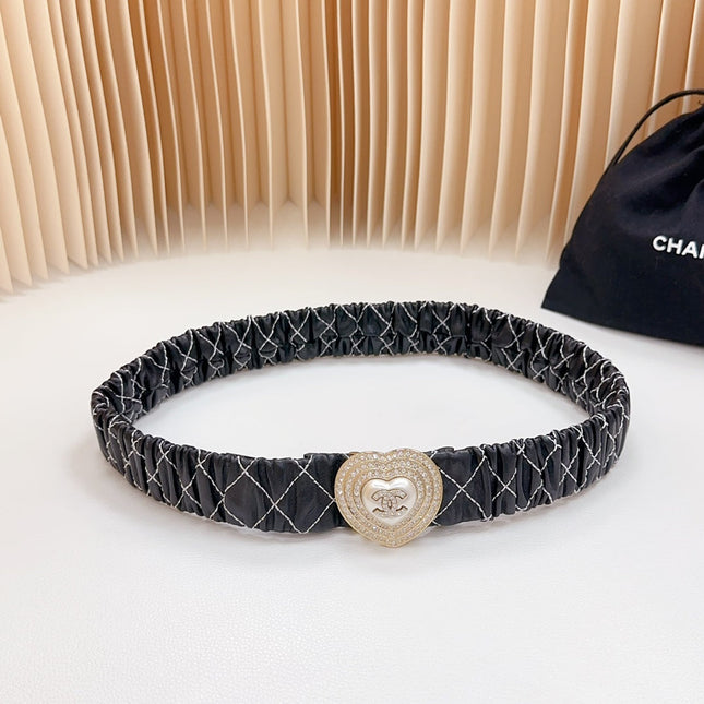 CC ELASTIC 30 MM BELT HEART BUCKLE IN BLACK EMBROIDERED CALFSKIN GOLD HARDWARE ATTACH RHINSTONES