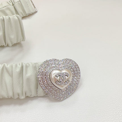 CC ELASTIC 30 MM BELT HEART BUCKLE IN WHITE CHIFFON CALFSKIN SILVER HARDWARE ATTACH RHINSTONES