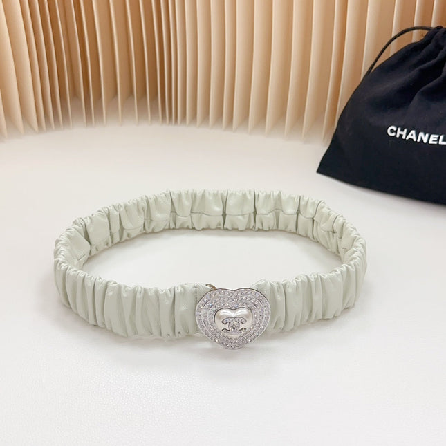 CC ELASTIC 30 MM BELT HEART BUCKLE IN WHITE CHIFFON CALFSKIN SILVER HARDWARE ATTACH RHINSTONES