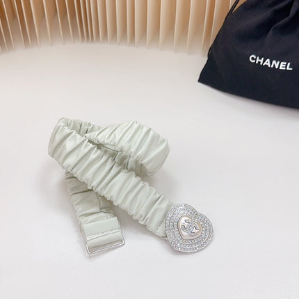 CC ELASTIC 30 MM BELT HEART BUCKLE IN WHITE CHIFFON CALFSKIN SILVER HARDWARE ATTACH RHINSTONES