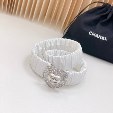 CC ELASTIC 30 MM BELT HEART BUCKLE IN WHITE CALFSKIN SILVER HARDWARE ATTACH RHINSTONES