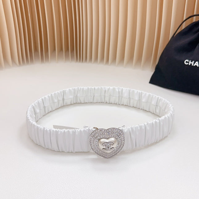 CC ELASTIC 30 MM BELT HEART BUCKLE IN WHITE CALFSKIN SILVER HARDWARE ATTACH RHINSTONES
